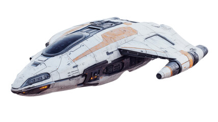A sleek, futuristic spaceship featuring a streamlined design and various technological elements, suitable for interstellar travel.