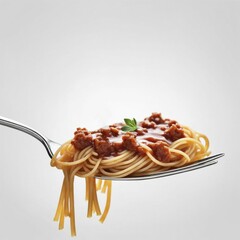 A close-up of a fork with spaghetti covered in meat sauce decorated with a basil leaf, AI generated