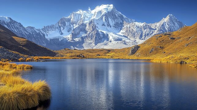 A serene lake reflecting snow-capped mountains and clear blue sky, surrounded by grass and rugged terrain, AI generated