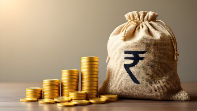 ndian rupee money bag and increasing stacks of coins. Rise in profits, budget fees. Investments. Raise incomes, increase salaries. Financial success. Economic growth, GDP. Savings and accumulation.