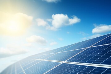 Solar panels extend across a bright field, capturing solar energy, with glimpses of a city skyline showing urban commitment to renewables.