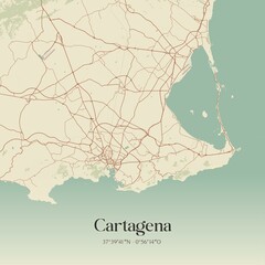 Retro Spanish map of Cartagena, Regi�n de Murcia. Vintage street map.