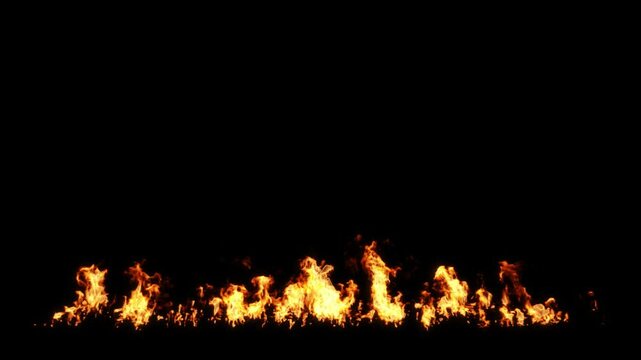 Realistic fire burn on ground motion visual effect on black backgrounds rendering