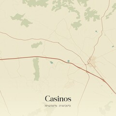 Retro Spanish map of Casinos, Comunidad Valenciana. Vintage street map.