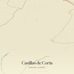 Retro Spanish map of Casillas de Coria, Extremadura. Vintage street map.