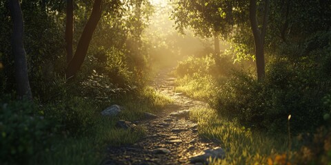 A tranquil forest path bathed in warm sunlight, surrounded by lush greenery and trees, creating a peaceful natural scene.