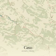Retro Spanish map of Caso, Principado de Asturias. Vintage street map.
