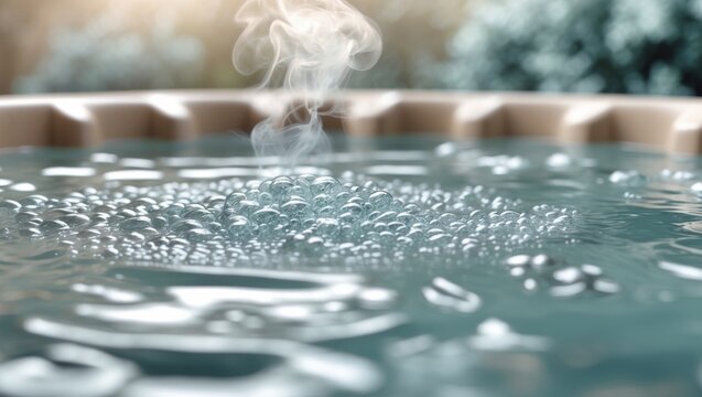Backyard hot tub with bubbling water close up.