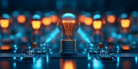 A glowing light bulb stands out among a series of illuminated bulb-like designs on a circuit board. Concept Glowing Bulb Focus, Circuit Board Design, Illuminated Aesthetics, Visual Contrast