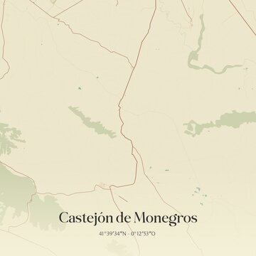Retro Spanish map of Castej�n de Monegros, Arag�n. Vintage street map.