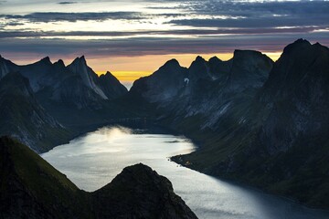 View from Reinebringen, Reinebriggen, 442m, midnight sun, Hamnoy, Reine and Reinefjord with...