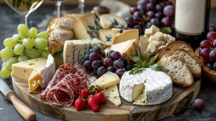 Gourmet board with cheeses, grapes, salami, and wine, AI generated