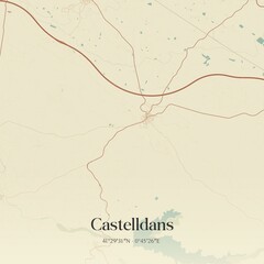 Retro Spanish map of Castelldans, Catalu�a. Vintage street map.