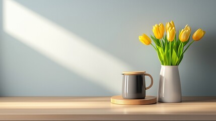 Yellow tulips in white vase on wooden table, soft sunlight. minimalist decor, nature-inspired living, and fresh spring concept