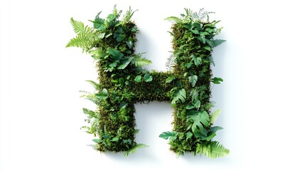 Letter H made of green grass and leaves.