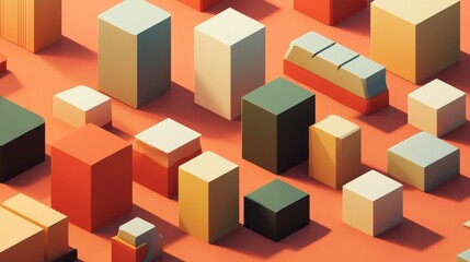 A bunch of cubes of different colors and sizes are arranged on a red background