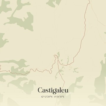 Retro Spanish map of Castigaleu, Arag�n. Vintage street map.