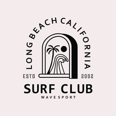 Minimalist surf club logo featuring a wave, palm tree, and sun inside an arch, representing Long Beach, California. Perfect for sports, travel, and coastal branding.