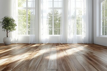 Obraz premium Bright Room with Large Windows and Wooden Floor