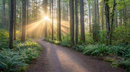Fototapeta premium Sun rays stream through trees onto a forest path.