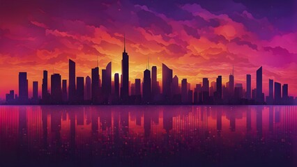 Obraz premium Abstract illustration of a sunset over a city skyline with water reflection in vivid and vibrant colors, AI generated