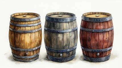 Fototapeta premium An illustration of three colorful wooden barrels with metal bands in various shades, arranged side by side, AI generated