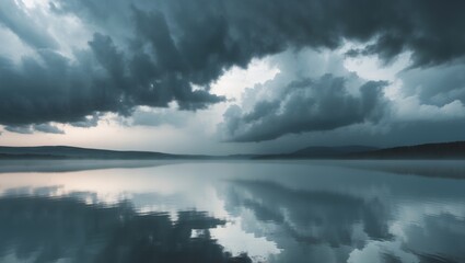Obraz premium Stormy Lake Landscape with Dramatic Cloudy Sky and Reflections.