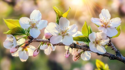 Obraz premium Branch of blossoming white flowers in sunlight.