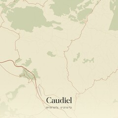 Retro Spanish map of Caudiel, Comunidad Valenciana. Vintage street map.