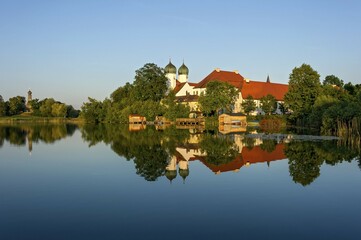 Benedictine monastery Seeon monastery church of St. Lambert, Klostersee, rear side church to Maria Breuhausen, also Bräuhausen, Seebruck, Chiemgau, Upper Bavaria, Bavaria, Germany, Europe
