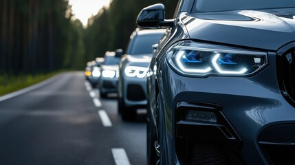 Close-up view of a luxury car with LED headlights on a forest road during dusk, highlighting modern design and automotive technology