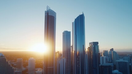 Fototapeta premium Skyline of modern skyscrapers during sunrise, representing urban development and architectural innovation