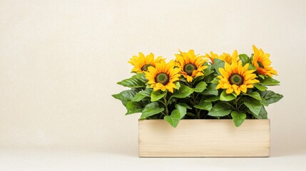 Sunflowers in Wooden Box Against Beige Background
