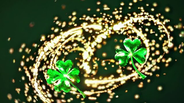 A close-up of shimmering clover leaves gently rotating, with golden sparkles and light flares adding a dynamic, celebratory feel.
