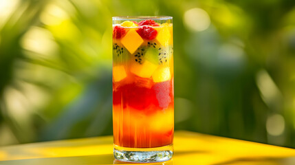 A tall glass of tropical fruit punch with layers of color, placed on a bright outdoor table