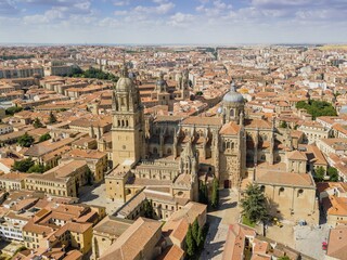 Fototapeta premium Drone image of Salamanca with new and old cathedral, Spain, Europe