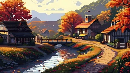 Pixel art style illustration of a cozy village in the ambience of autumn season, AI generated