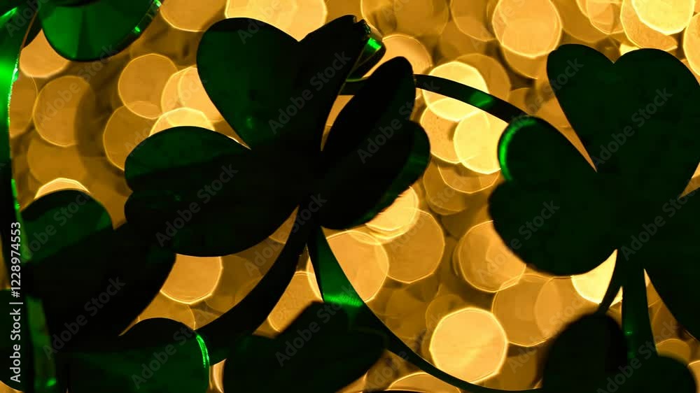 Poster a close-up of shimmering clover leaves gently rotating, with golden sparkles and light flares adding