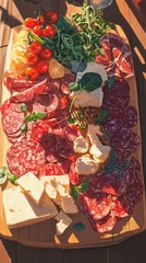 A vibrant charcuterie board featuring a variety of cheeses, meats, and fresh vegetables, beautifully arranged on a wooden table.