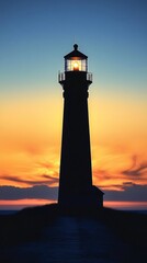 Stunning silhouette of a lighthouse at sunset, with vibrant colors illuminating the sky and reflecting on the ocean.