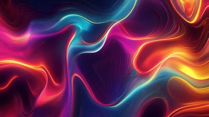Obraz premium A digital abstract neon striped background featuring glowing light trails with smooth motion effects and radiant color blending