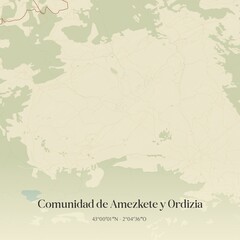 Retro Spanish map of Comunidad de Amezkete y Ordizia, Pa�s Vasco. Vintage street map.