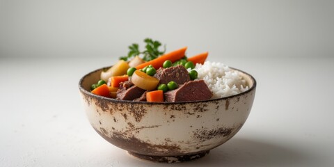 Savory Beef Stew with Rice and Vegetables in a Rustic Bowl.