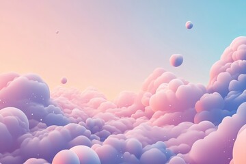 Surreal pastel sky with fluffy clouds and floating spheres, creating a dreamy and tranquil sunset scene.
