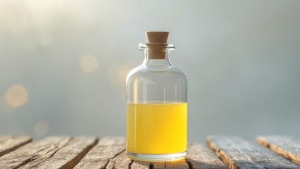 A glass bottle filled with yellow liquid sits on a wooden surface with a blurred background