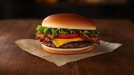 Juicy bacon cheeseburger on wooden table.