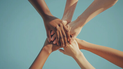 People with their hands placed on others’ in a symbol of teamwork and unity. The image emphasizes collaboration, support, and mutual respect within a team environment.