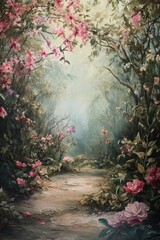Fototapeta premium Enchanted Forest Pathway with Pink Flowers