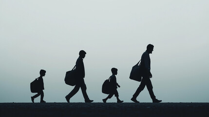 A family walking with minimal bags and simple silhouettes, symbolizing migration, set against a stark background highlighting the isolation and uncertainty refugees often face