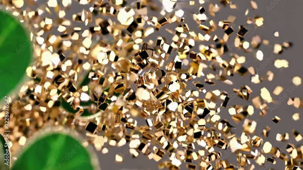 Poster A close-up of shimmering clover leaves gently rotating, with golden sparkles and light flares adding a dynamic, celebratory feel.
